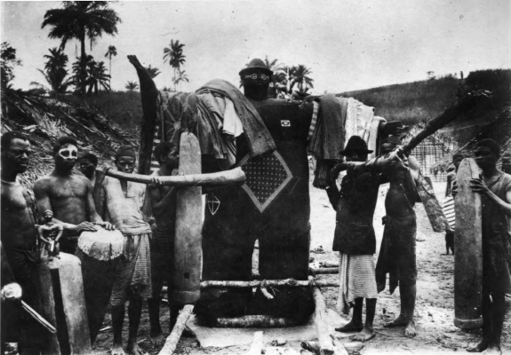 Niombo, with players of slit-gong, ngoma drum, biludi, and root-trumpets, in early 20th century Kongo